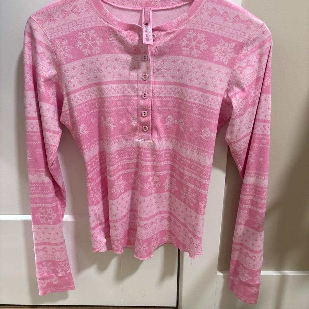 Juicy Couture Pink Fair Isle Henley Long Sleeve Top